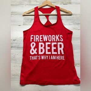 Here for Fireworks & Beer Red White Graphic Racerback Tank Top Womens Medium